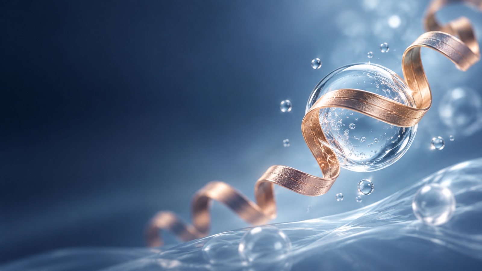 Conceptual copper-toned peptide ribbon surrounding a clear serum droplet